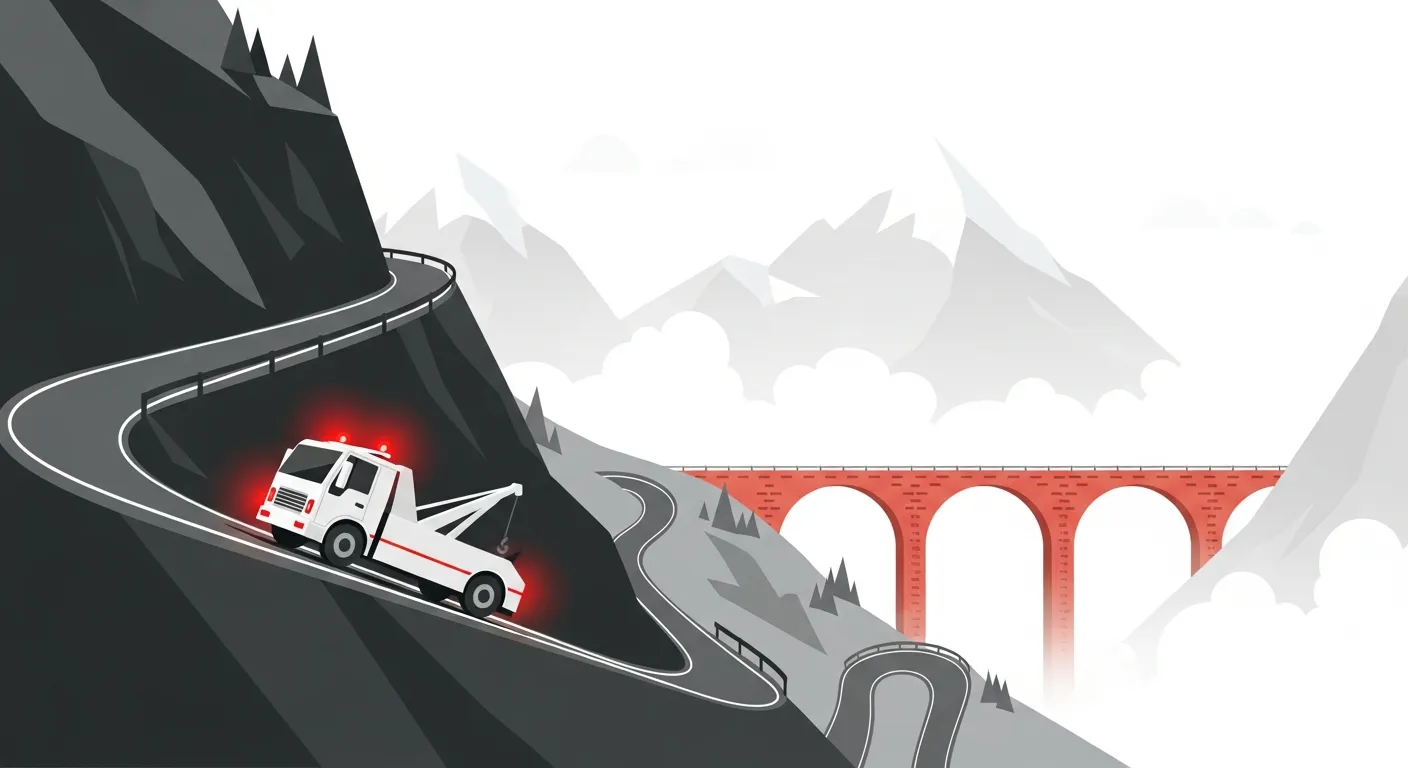 碓氷峠の急勾配を登るレッカー車のフラットデザインイラスト