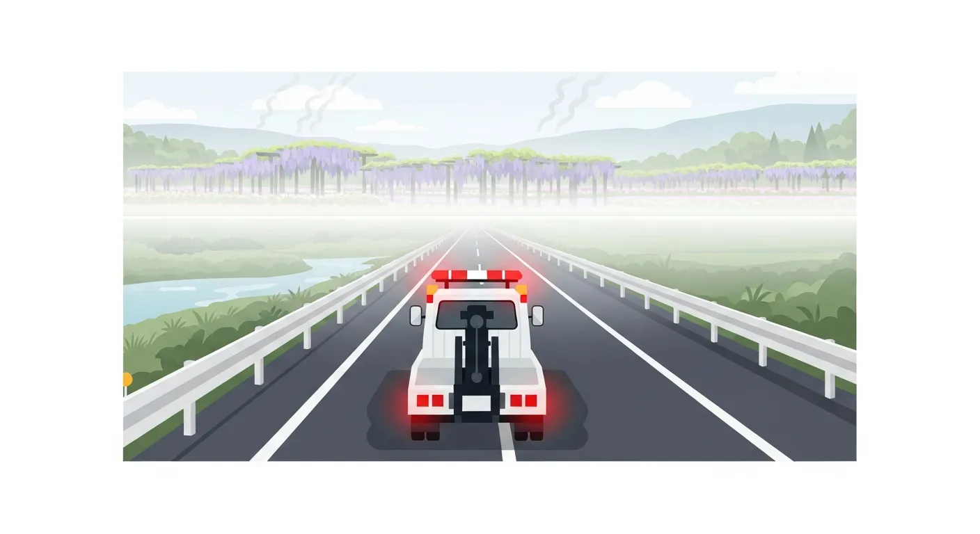 渡良瀬川流域の猛暑の中、足利ICと北関東自動車道付近を走行するレッカー車のフラットデザインイラスト