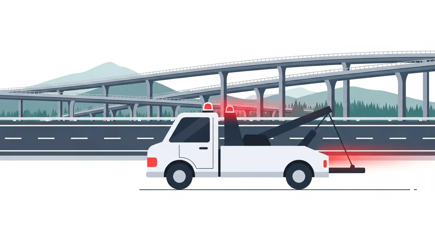 藤岡JCT付近の高速道路合流部を走行するレッカー車のフラットデザインイラスト