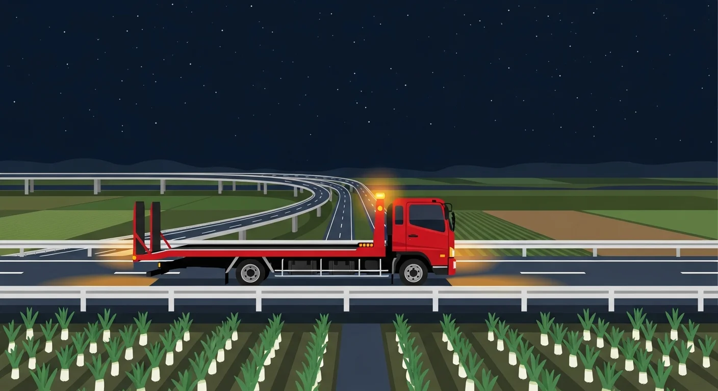 関越自動車道・深谷IC周辺の道路でロードサービス車が出動するフラットデザインイラスト