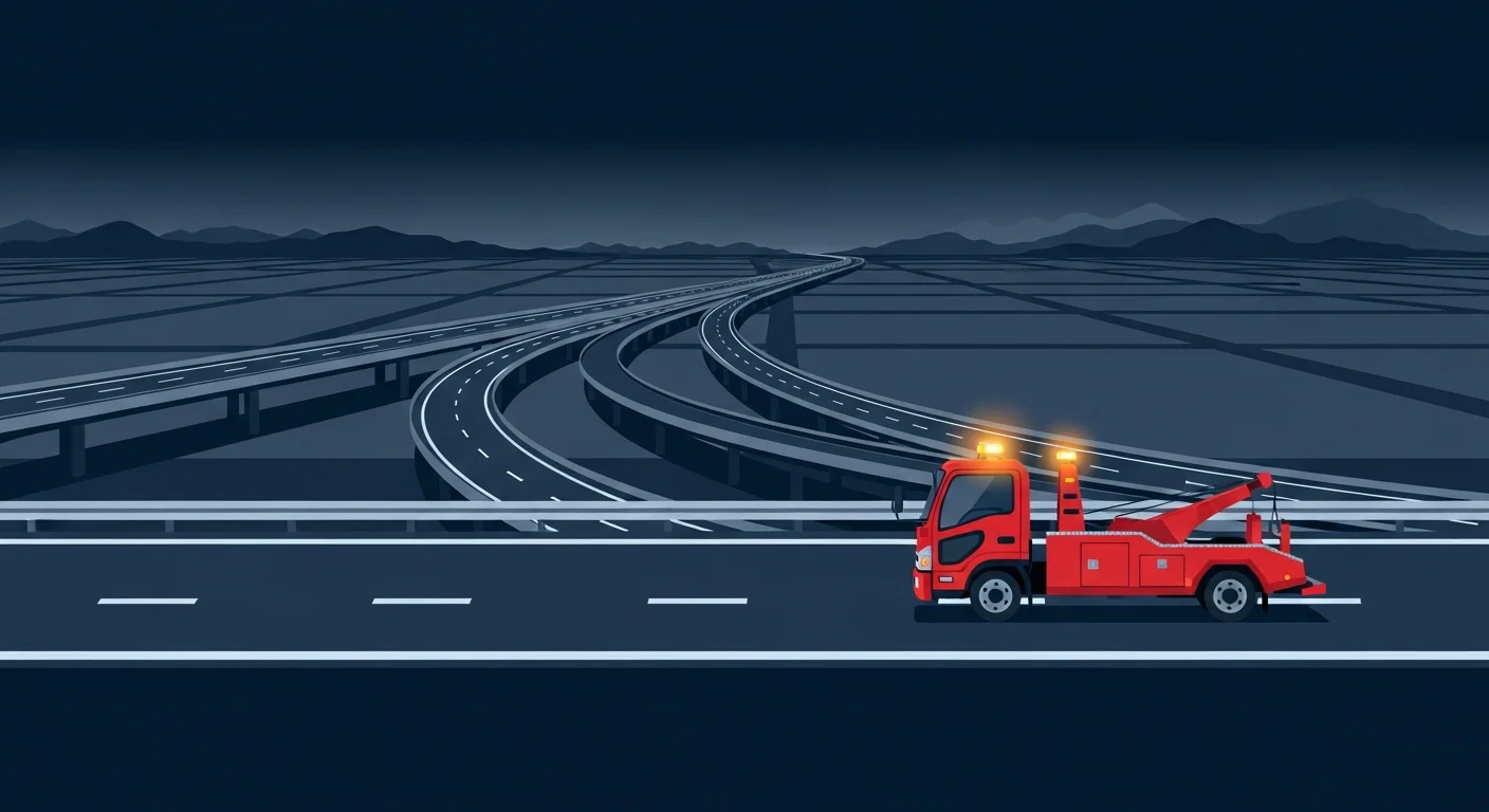 関越自動車道・本庄早稲田IC周辺の道路でロードサービス車が出動するフラットデザインイラスト