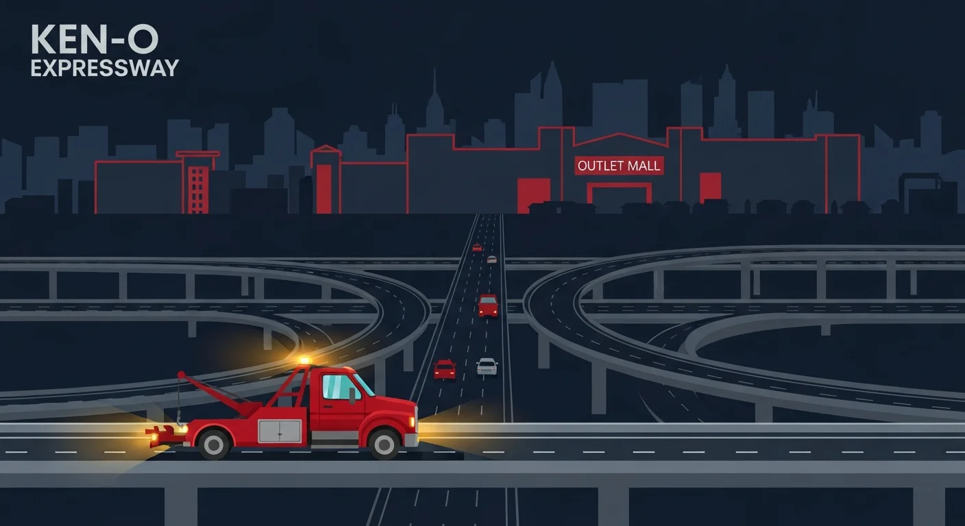 入間市内の圏央道・狭山日高IC周辺でロードサービス車が出動するフラットデザインイラスト