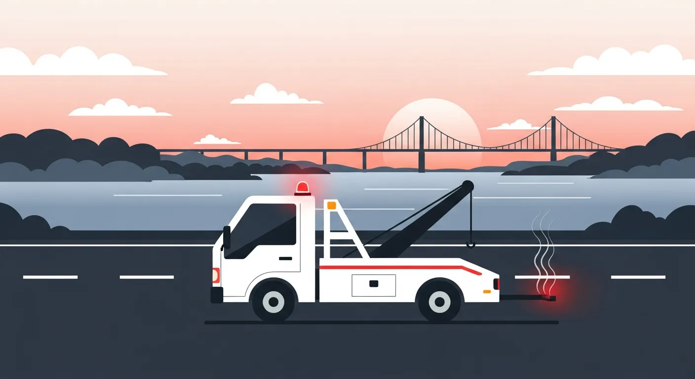 利根川沿いの道路を走行するレッカー車のフラットデザインイラスト