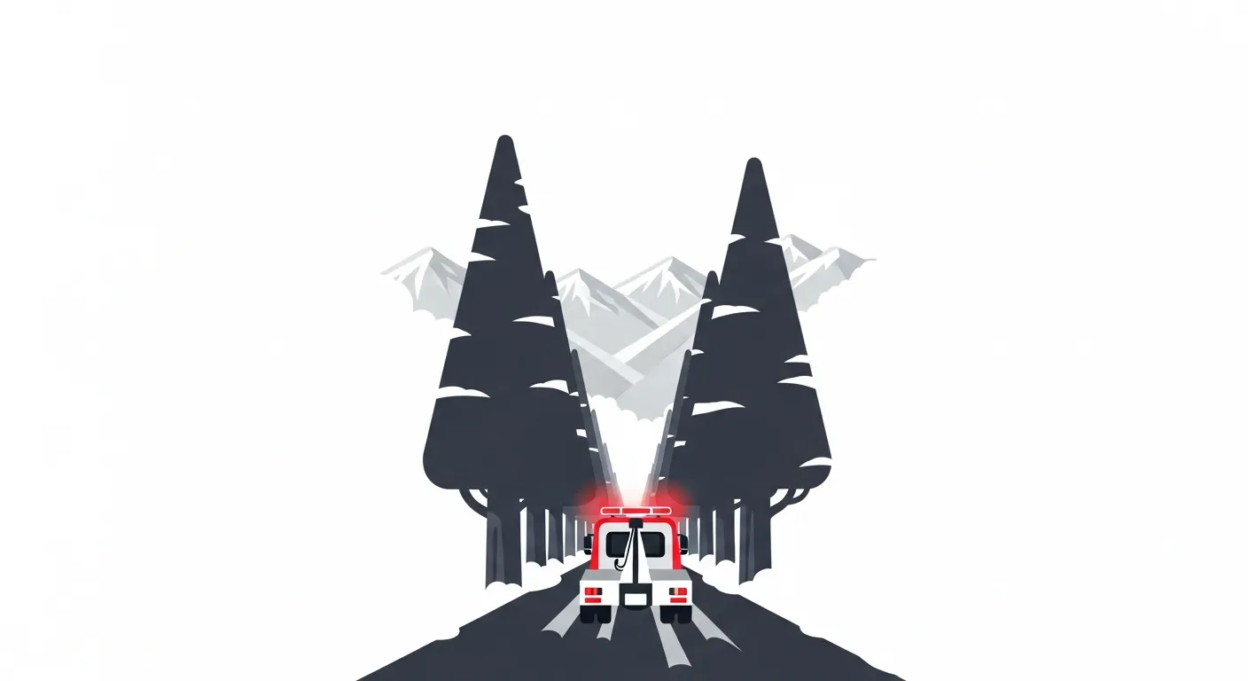 日光例幣使街道の杉並木を冬の朝に走行するレッカー車のフラットデザインイラスト