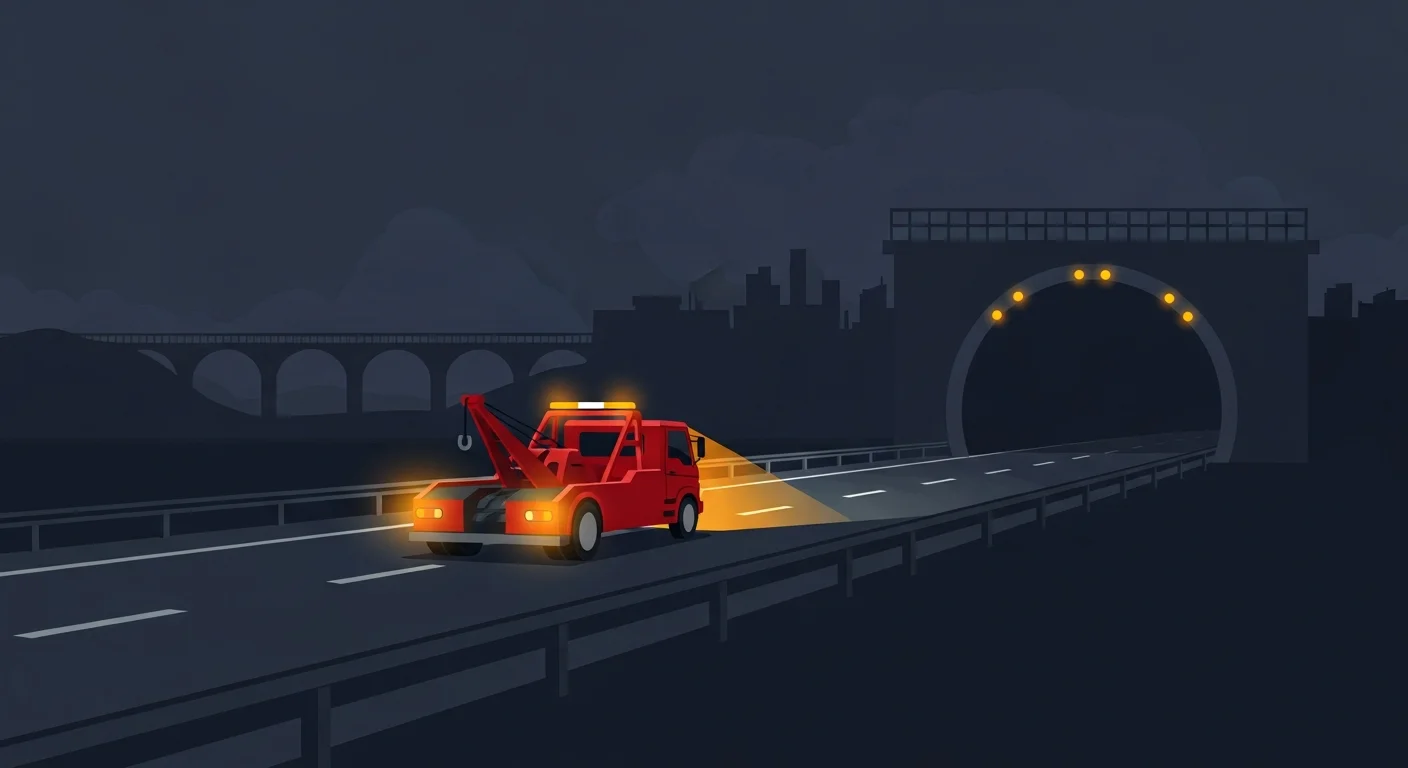 春日部市内の国道16号・4号バイパス沿いでロードサービス車が出動するフラットデザインイラスト