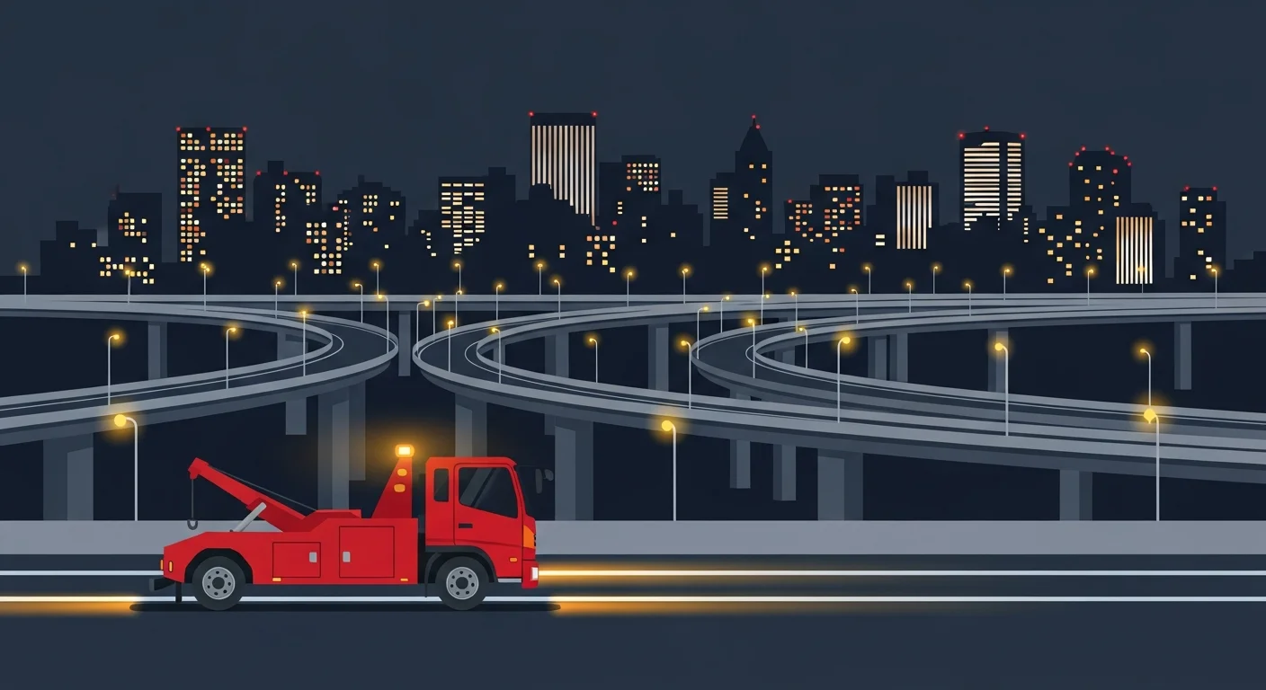 川口市内の首都高・川口ICと東京外環道路でロードサービス車が出動するフラットデザインイラスト