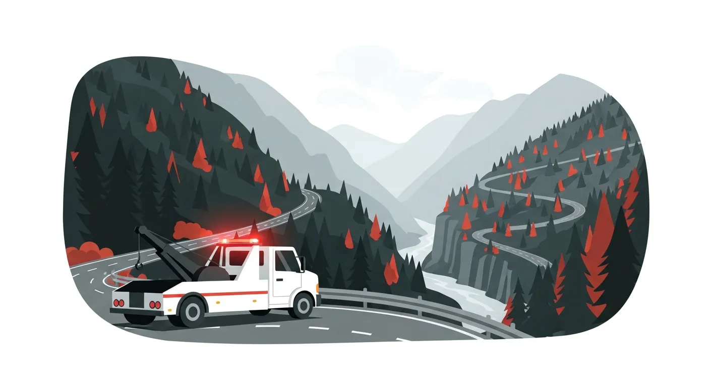 渡良瀬渓谷沿いの山道を走行するレッカー車のフラットデザインイラスト