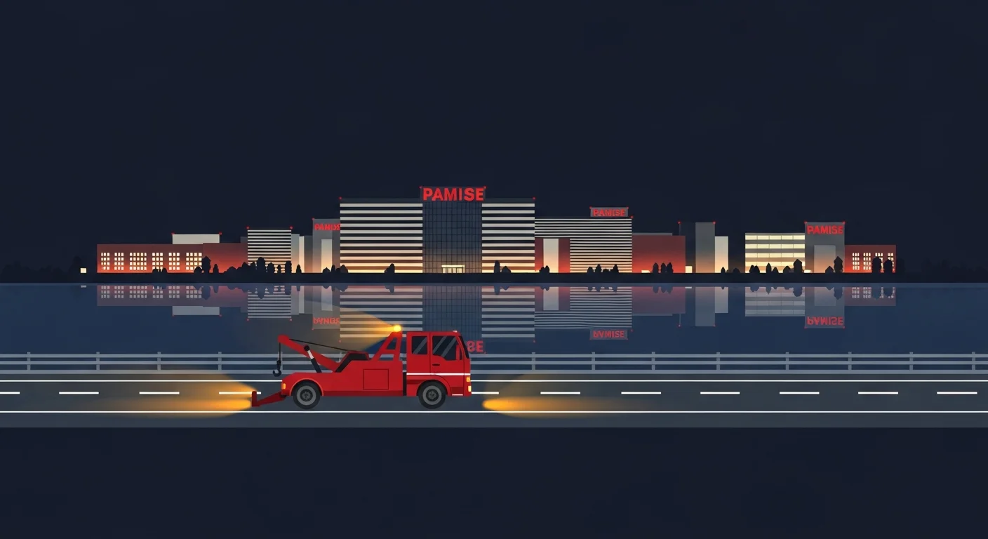 越谷市内のイオンレイクタウン周辺の道路でロードサービス車が出動するフラットデザインイラスト