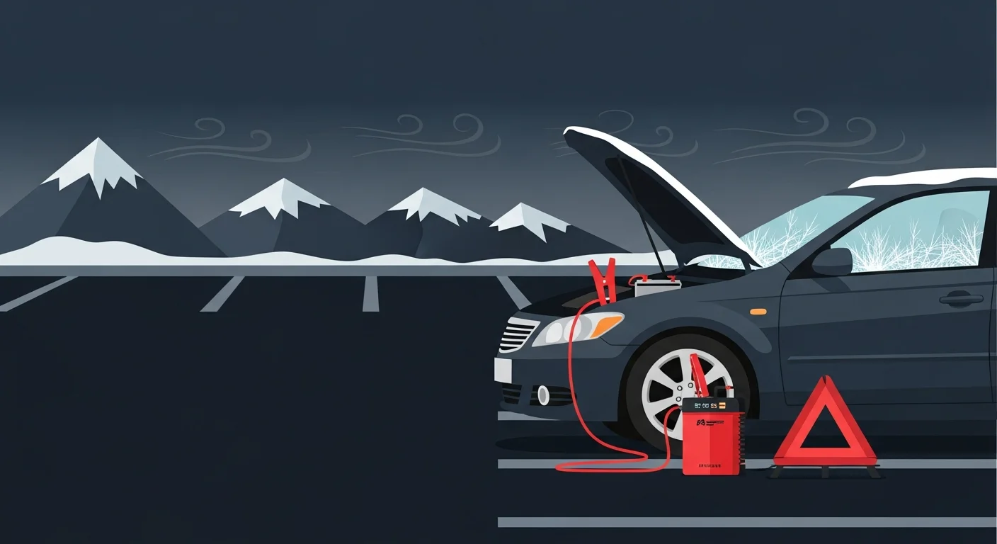 冬の早朝、霜が降りた駐車場でバッテリーが上がった車のフラットデザインイラスト