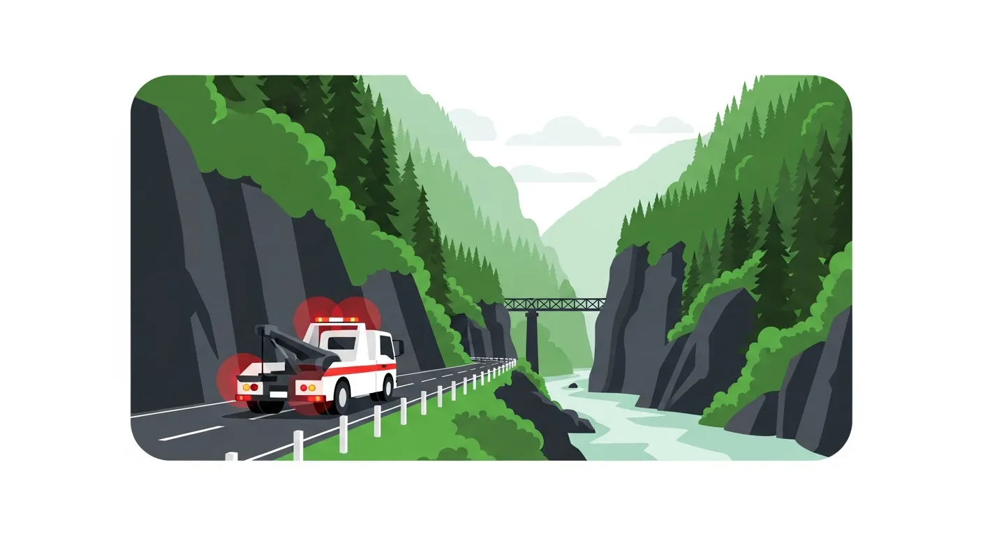 渡良瀬渓谷沿いの道路を走行するレッカー車のフラットデザインイラスト