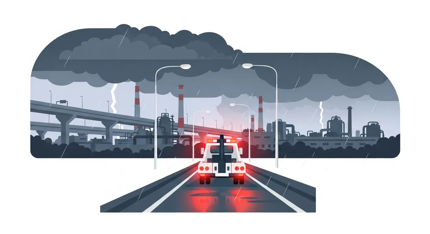 夏の雷雨の中、真岡工業団地と北関東自動車道インターチェンジ付近を走行するレッカー車のフラットデザインイラスト