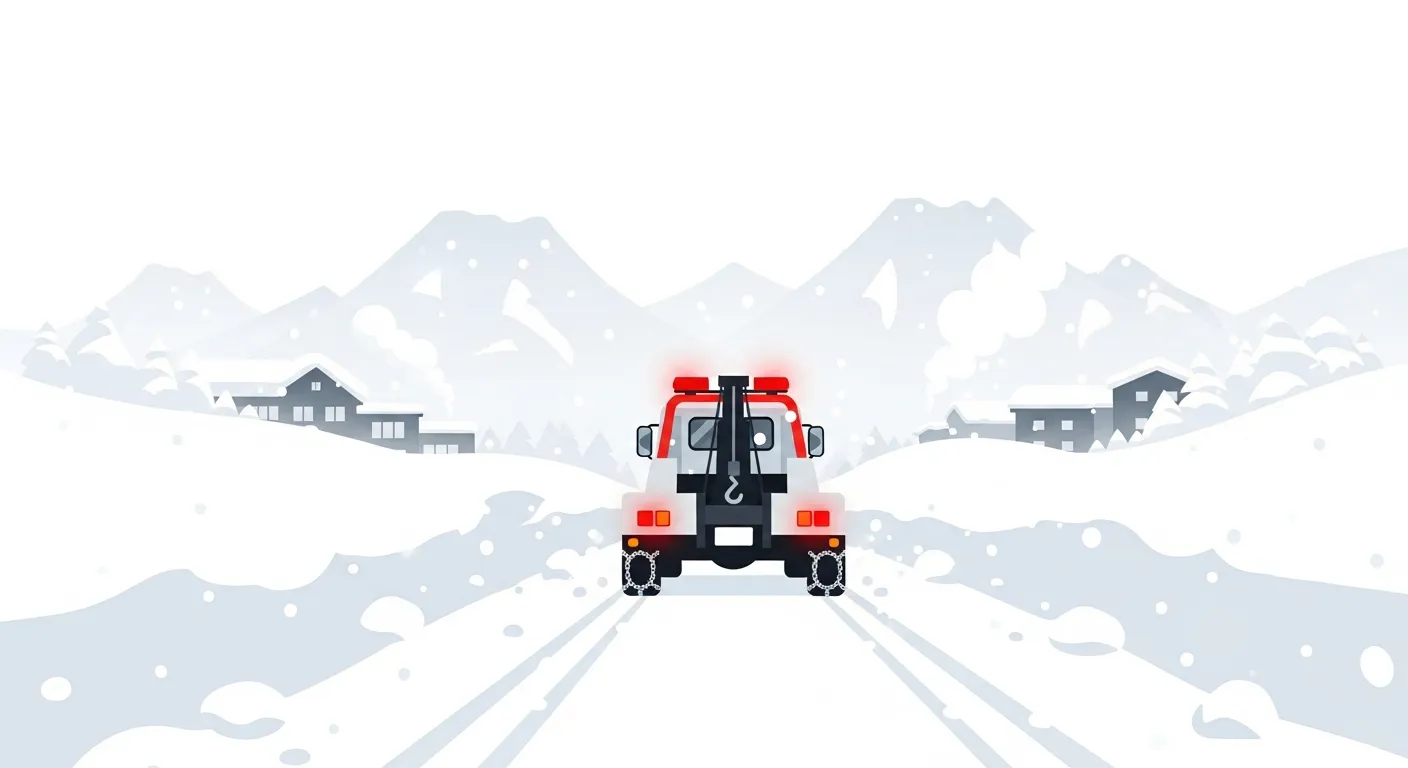 大雪の塩原温泉郷の山道でスノーチェーンをつけて出動するレッカー車のフラットデザインイラスト