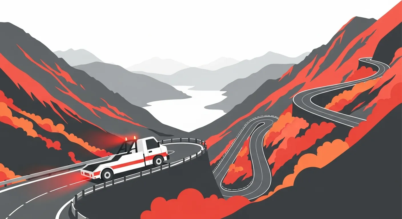 紅葉のいろは坂の急勾配ヘアピンカーブを慎重に走行するレッカー車と眼下に広がる中禅寺湖のフラットデザインイラスト