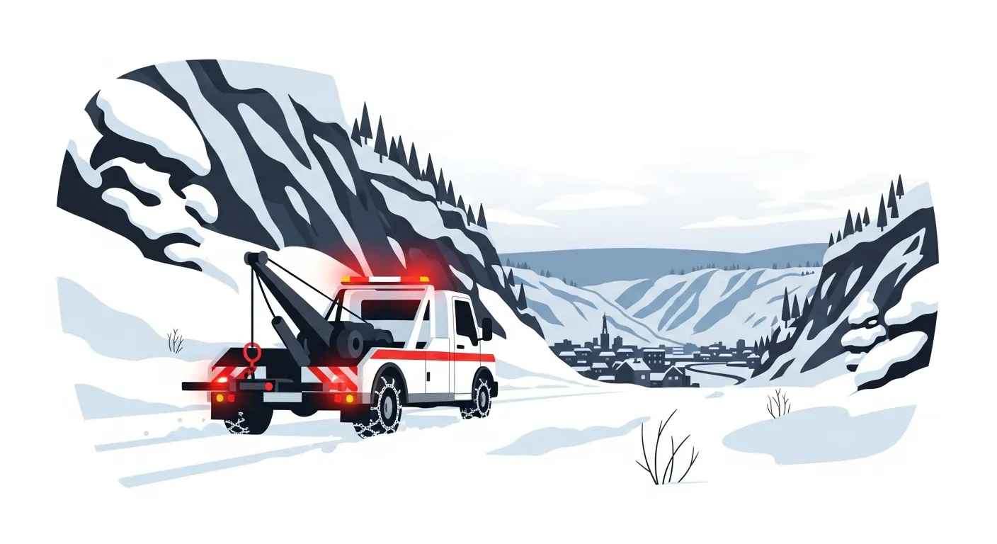 豪雪の山道をチェーン装着で走行するレッカー車のフラットデザインイラスト