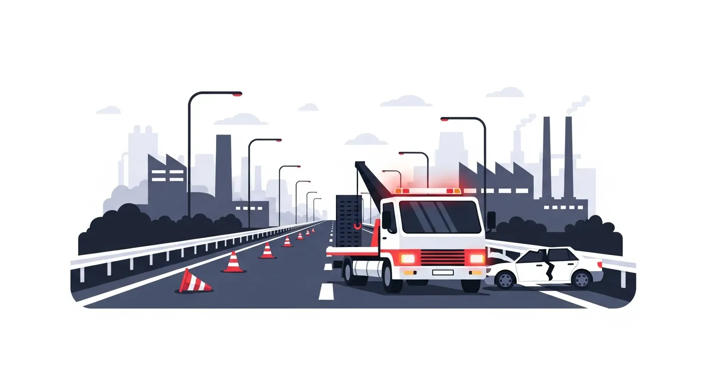 工業団地エリアの幹線道路で緊急出動するレッカー車のフラットデザインイラスト