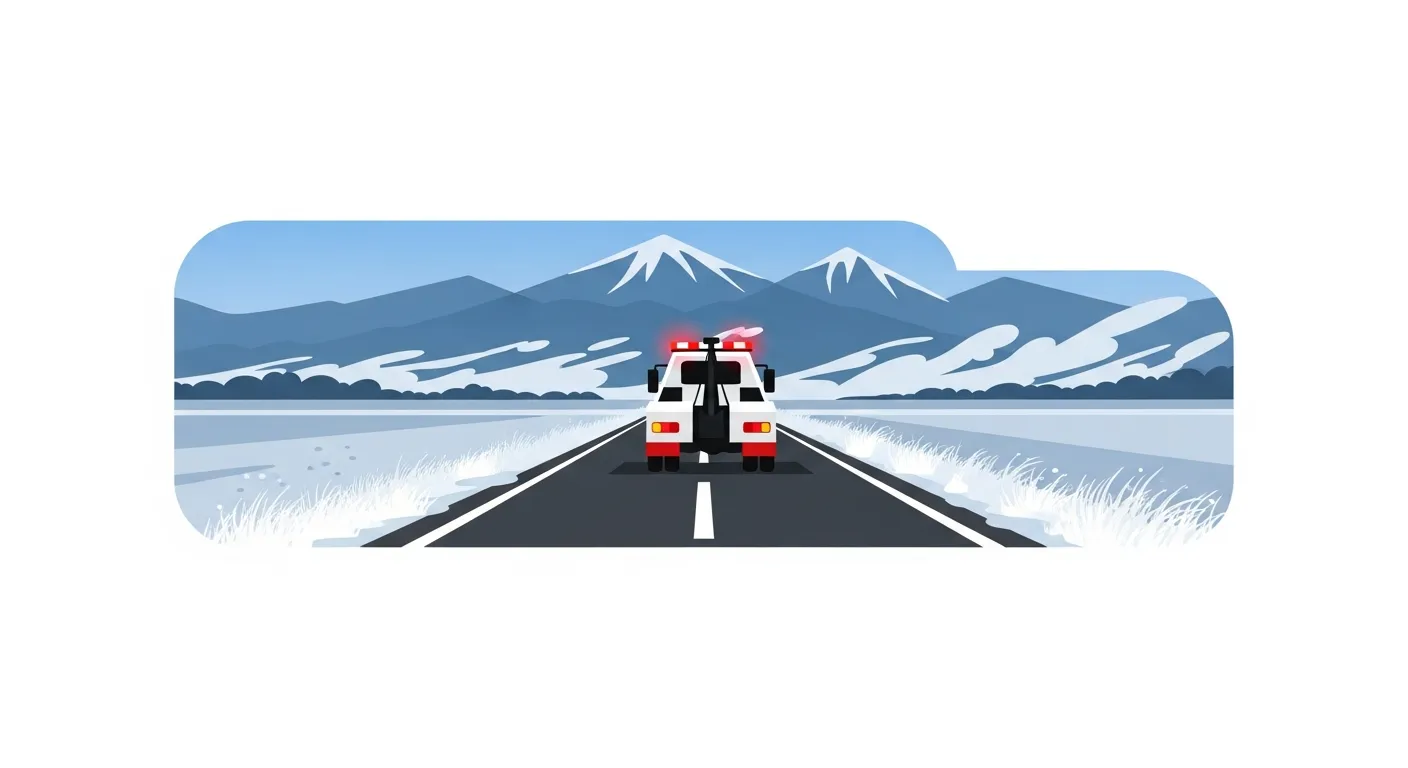 霜の降りた農村の直線道路を那須連山のシルエットを背景に走行するレッカー車のフラットデザインイラスト