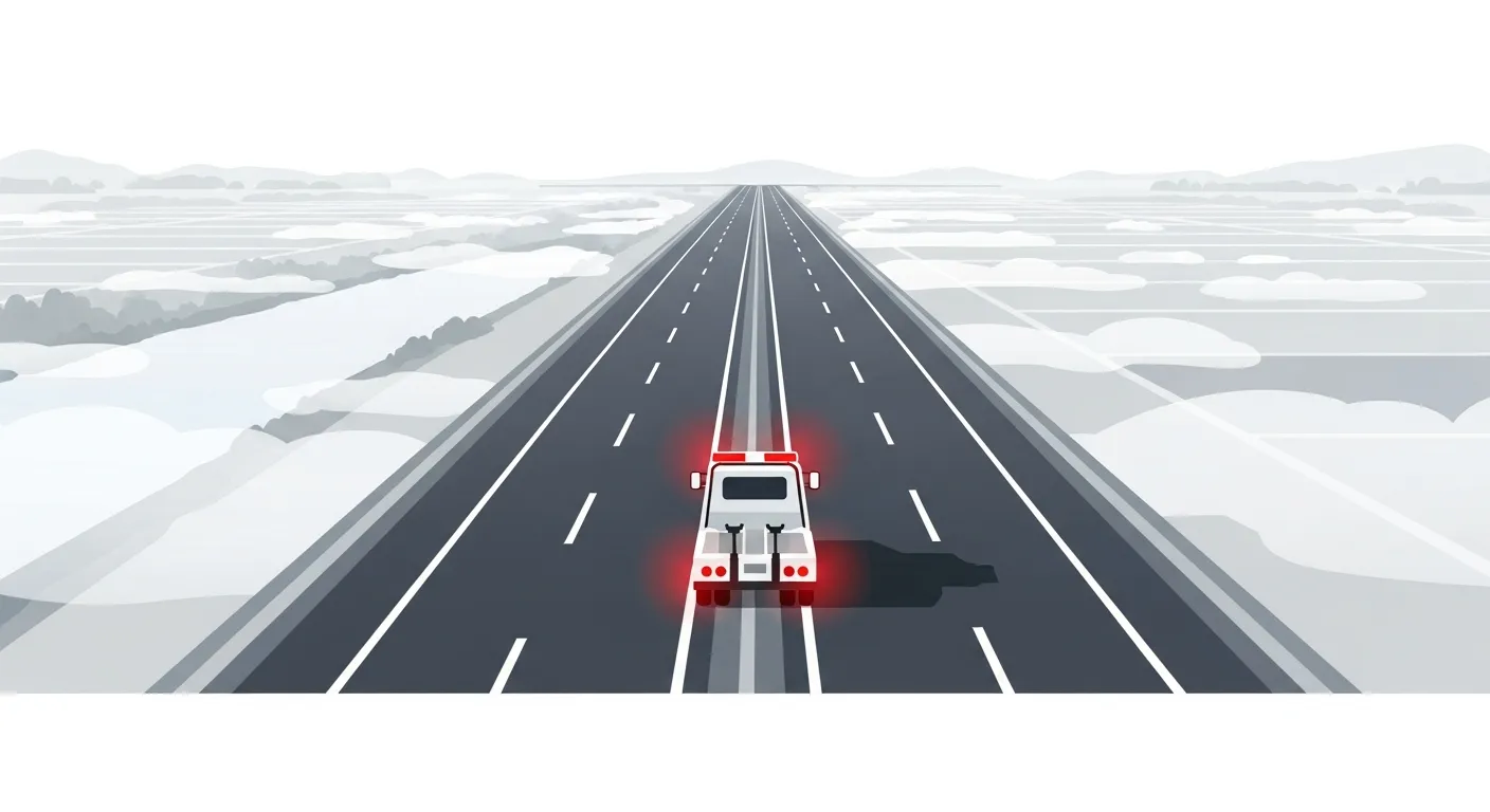 早朝の思川から立ち上がる朝霧の中、新4号バイパスを走行するレッカー車のフラットデザインイラスト