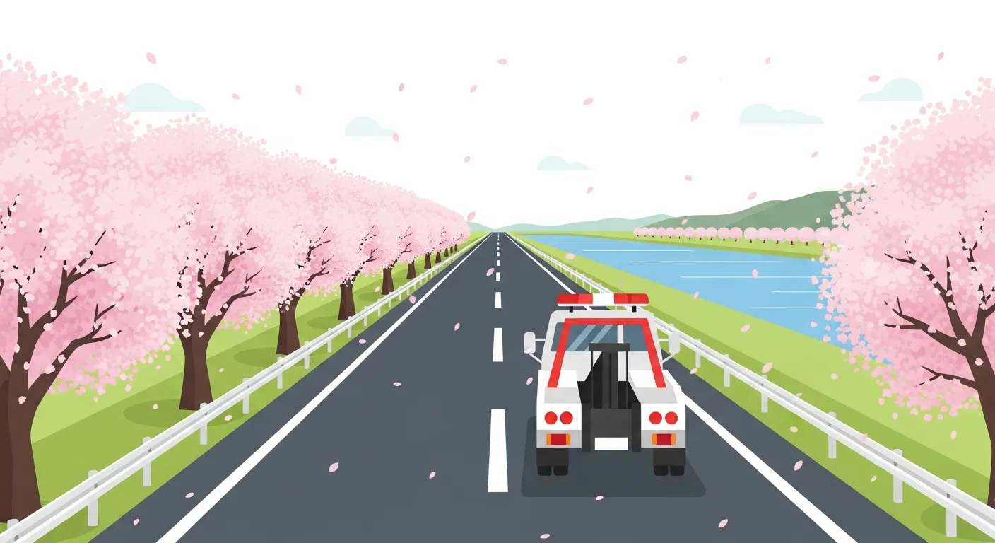 両側に桜並木が広がる鬼怒川沿いの国道4号を走行するレッカー車のフラットデザインイラスト