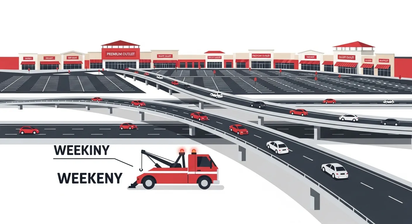 佐野アウトレット前の大駐車場と高速道路インターチェンジが隣接するエリアを走行するレッカー車のフラットデザインイラスト
