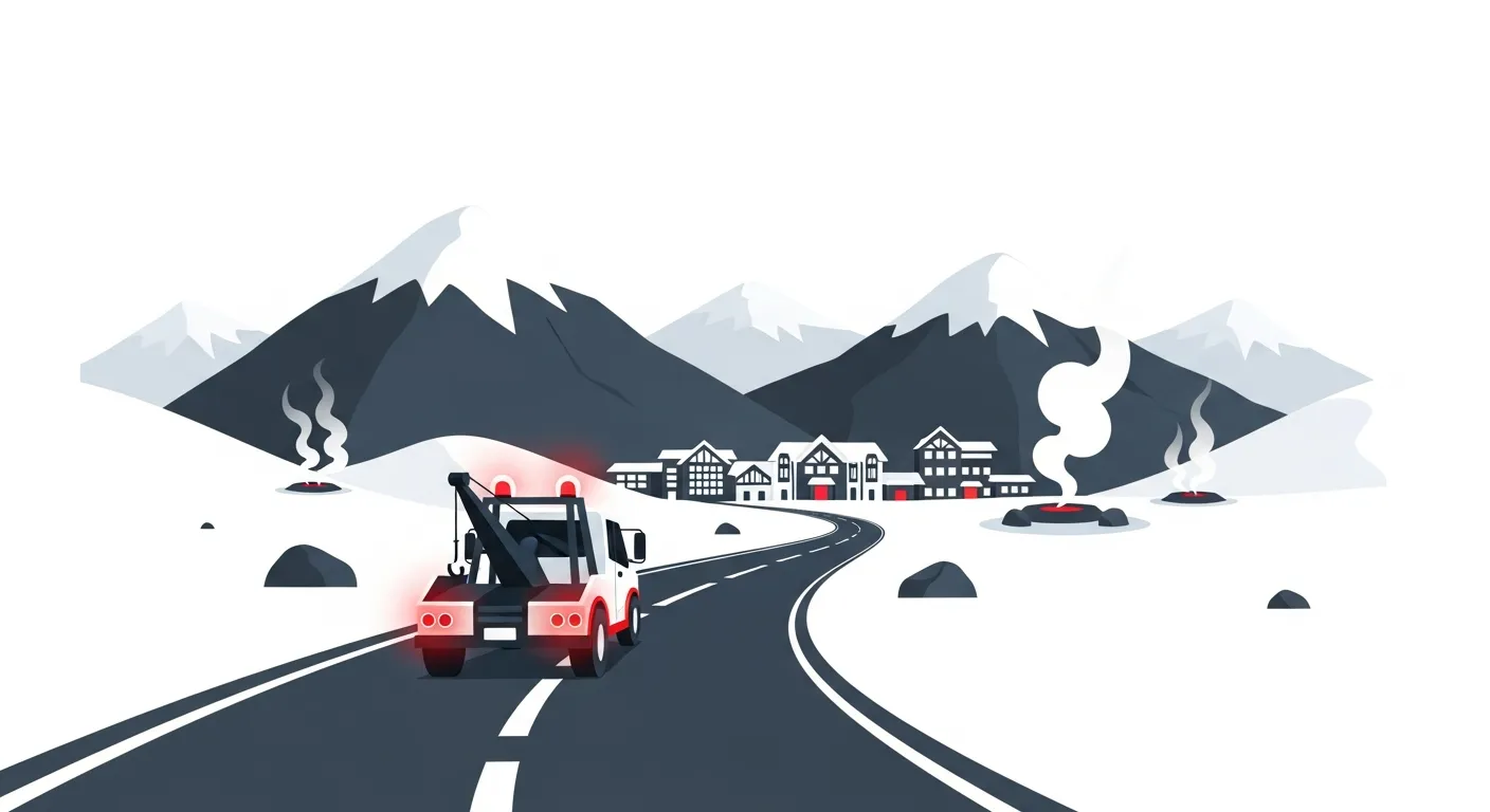 温泉街へ向かう雪山の道路を走行するレッカー車のフラットデザインイラスト