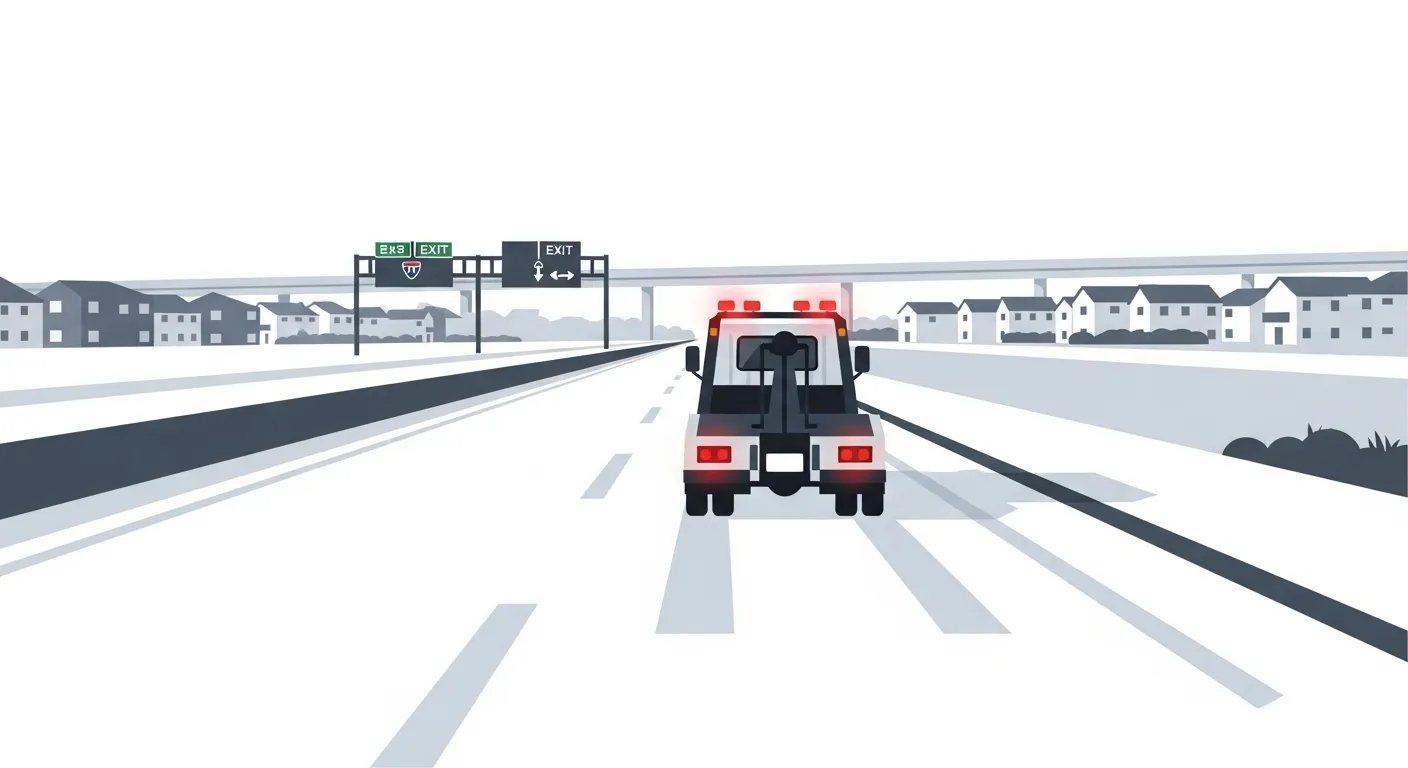 早朝の霜が降りた新4号バイパスの郊外住宅地エリアを走行するレッカー車のフラットデザインイラスト