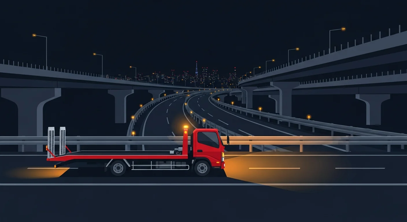 草加市内の東京外環自動車道・草加IC周辺でロードサービス車が出動するフラットデザインイラスト