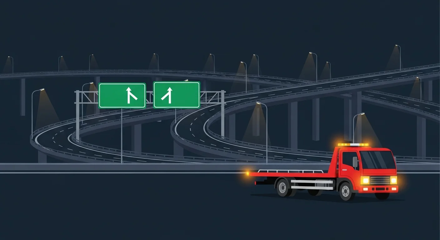 夜の高速道路インターチェンジに停車するレッカー車のフラットデザインイラスト