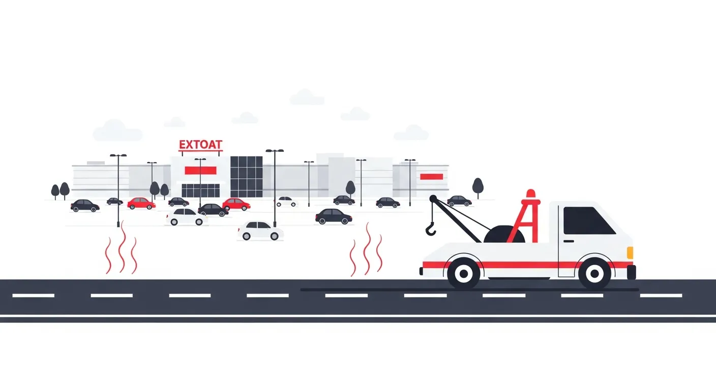 猛暑の郊外道路で出動するレッカー車のフラットデザインイラスト