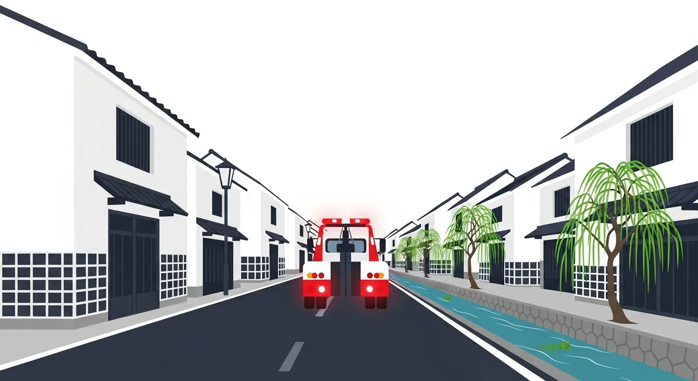 栃木市の蔵の街大通りの白壁土蔵が並ぶ歴史的な街並みを走行するレッカー車のフラットデザインイラスト