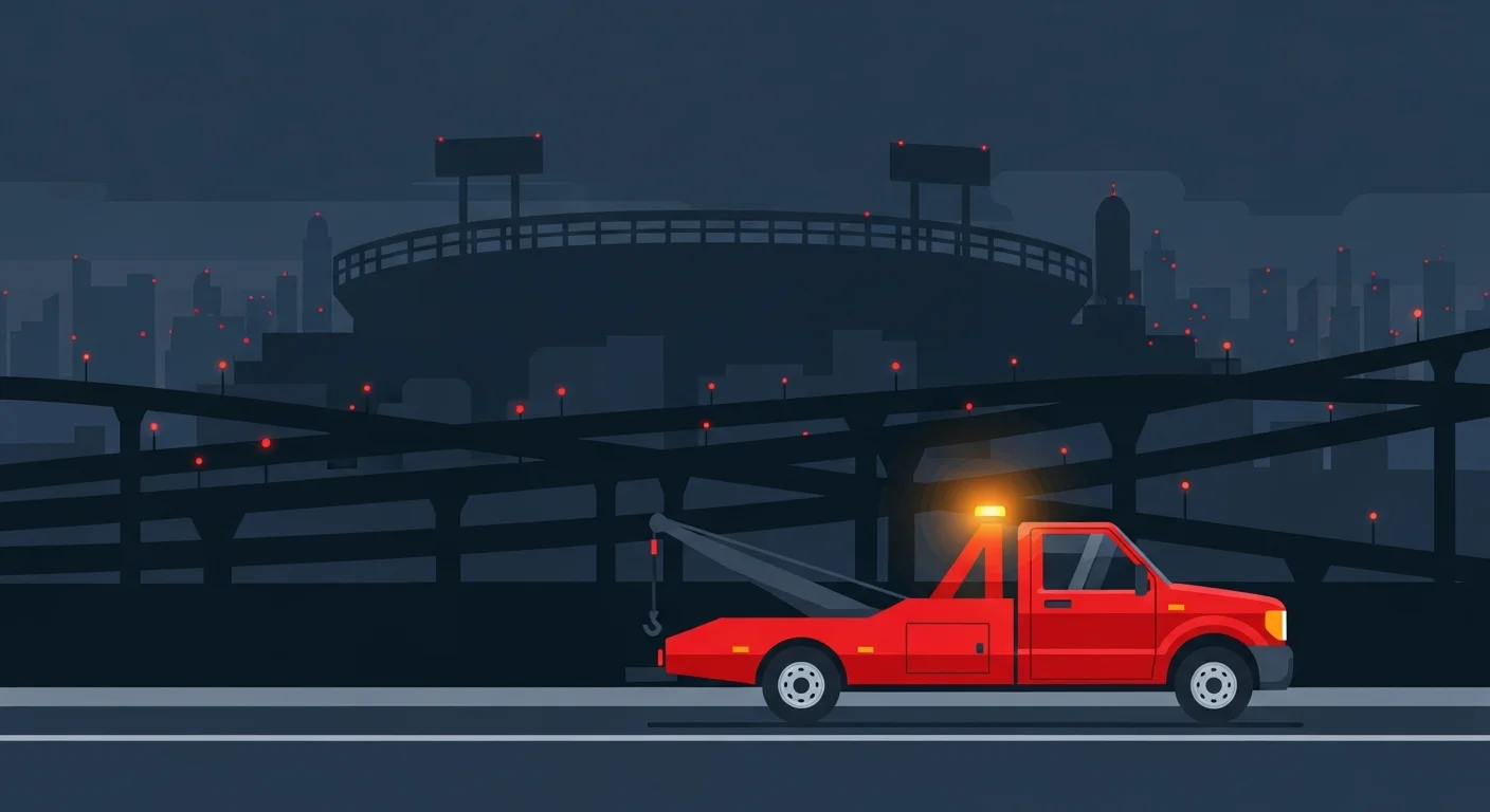 所沢市内の関越自動車道・所沢IC周辺でロードサービス車が出動するフラットデザインイラスト