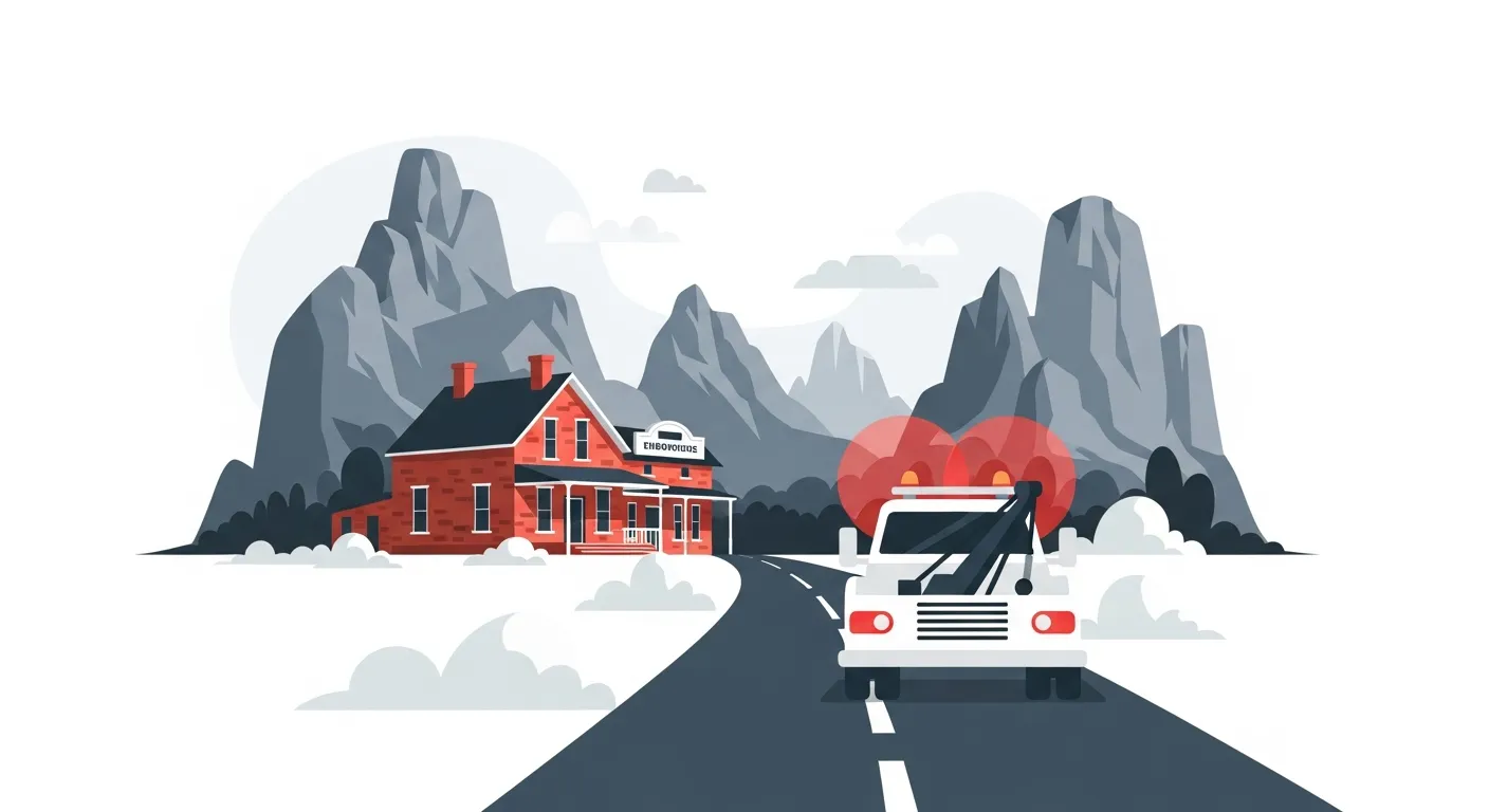 妙義山を背景に歴史ある街を走行するレッカー車のフラットデザインイラスト