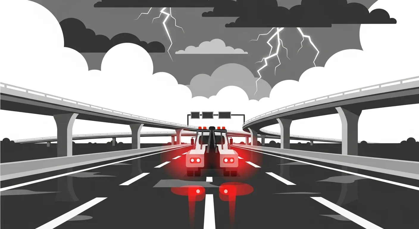 夏の雷雨の中、東北自動車道と北関東自動車道が交差する大規模インターチェンジでレッカー車が出動するフラットデザインイラスト