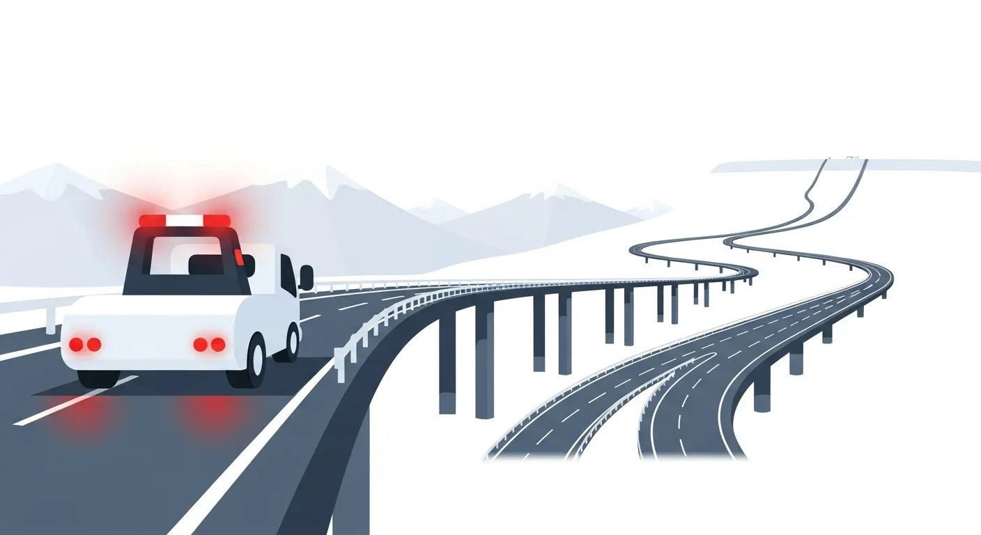 矢板ICの出口ランプと八方ヶ原高原道路が分岐するポイントに立つレッカー車のフラットデザインイラスト