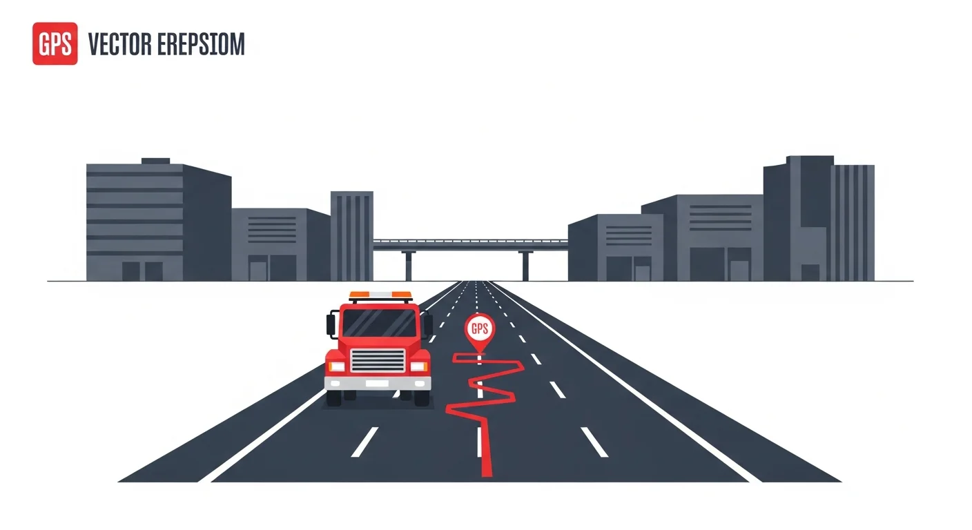 上尾道路と国道17号を熟知したレッカー車が最短ルートで走行するフラットデザインイラスト