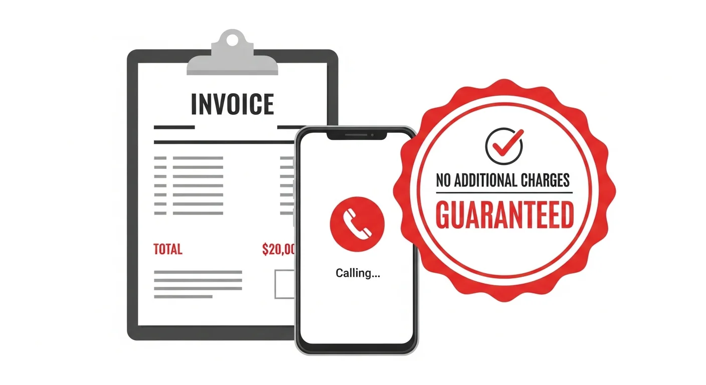 スマートフォンの通話画面と見積書が並ぶ追加請求なしの明朗会計をイメージしたフラットデザインイラスト