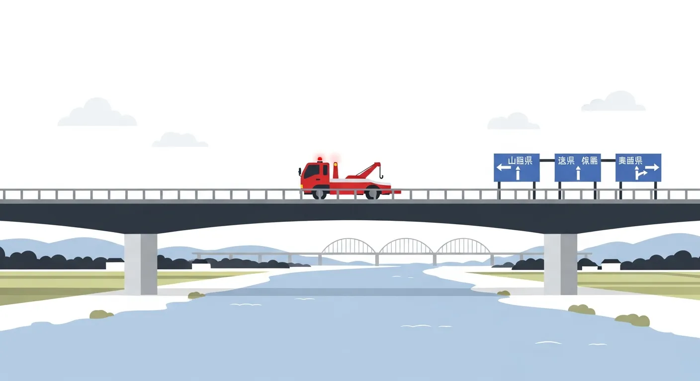 栃木県と群馬県の県境の橋を渡るレッカー車のフラットデザインイラスト