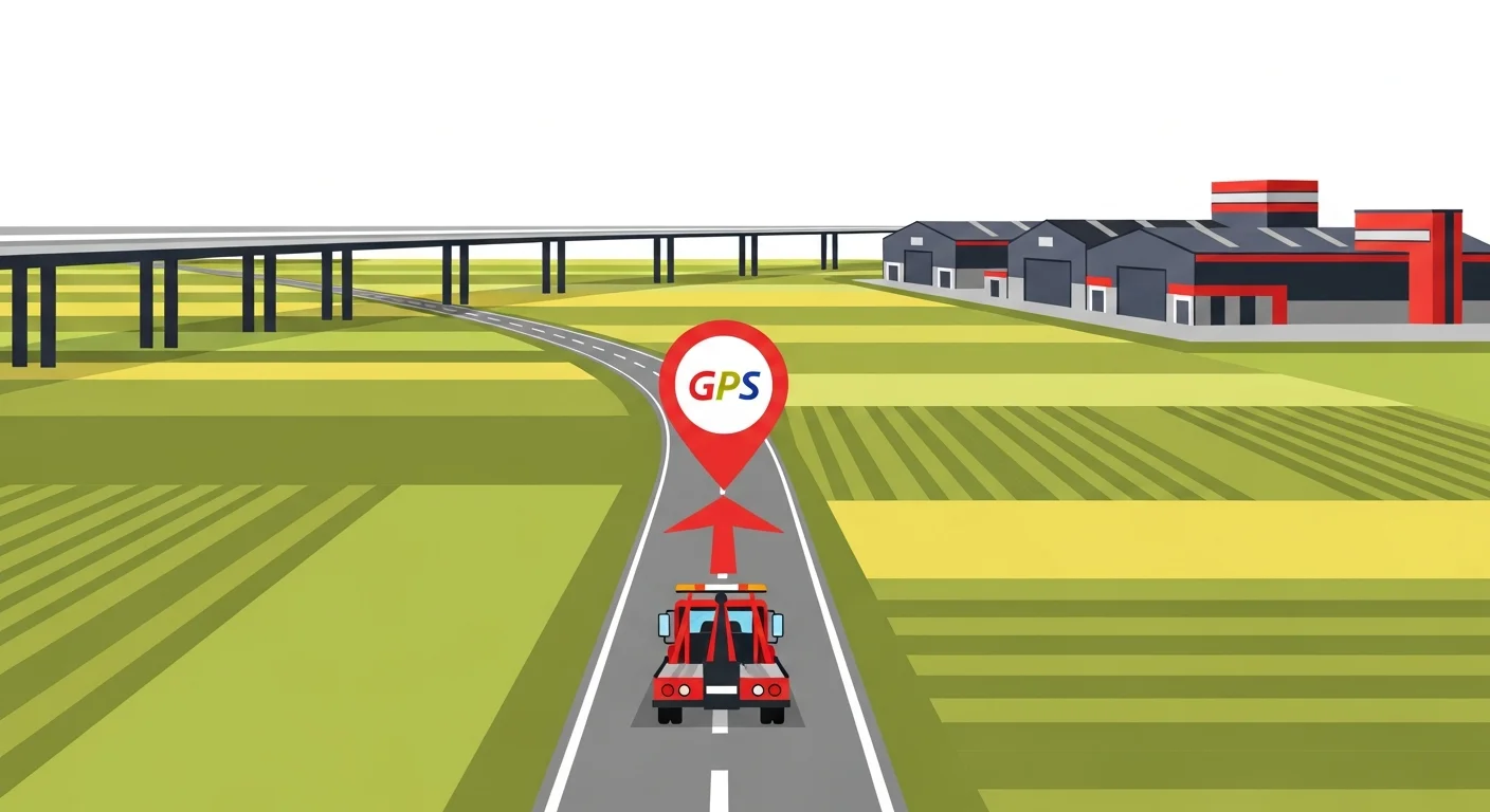 深谷ICと国道17号を熟知したレッカー車が最短ルートで走行するフラットデザインイラスト