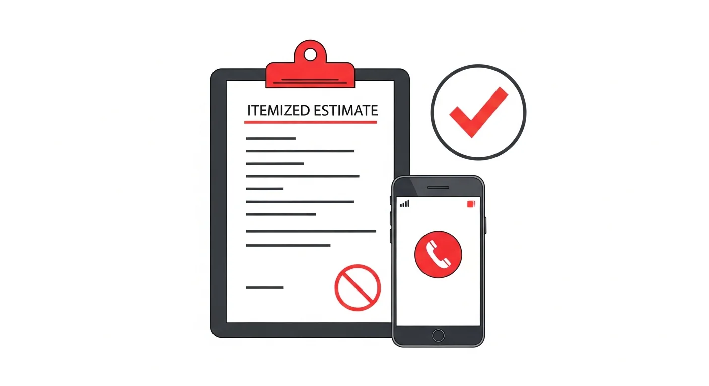 スマートフォンの通話画面と見積書が並ぶ追加請求なしの明朗会計をイメージしたフラットデザインイラスト