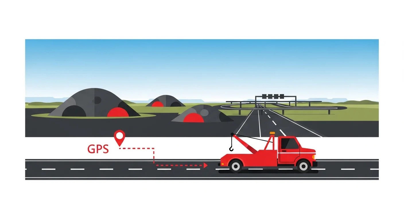 行田ICと国道125号を熟知したレッカー車が最短ルートで走行するフラットデザインイラスト