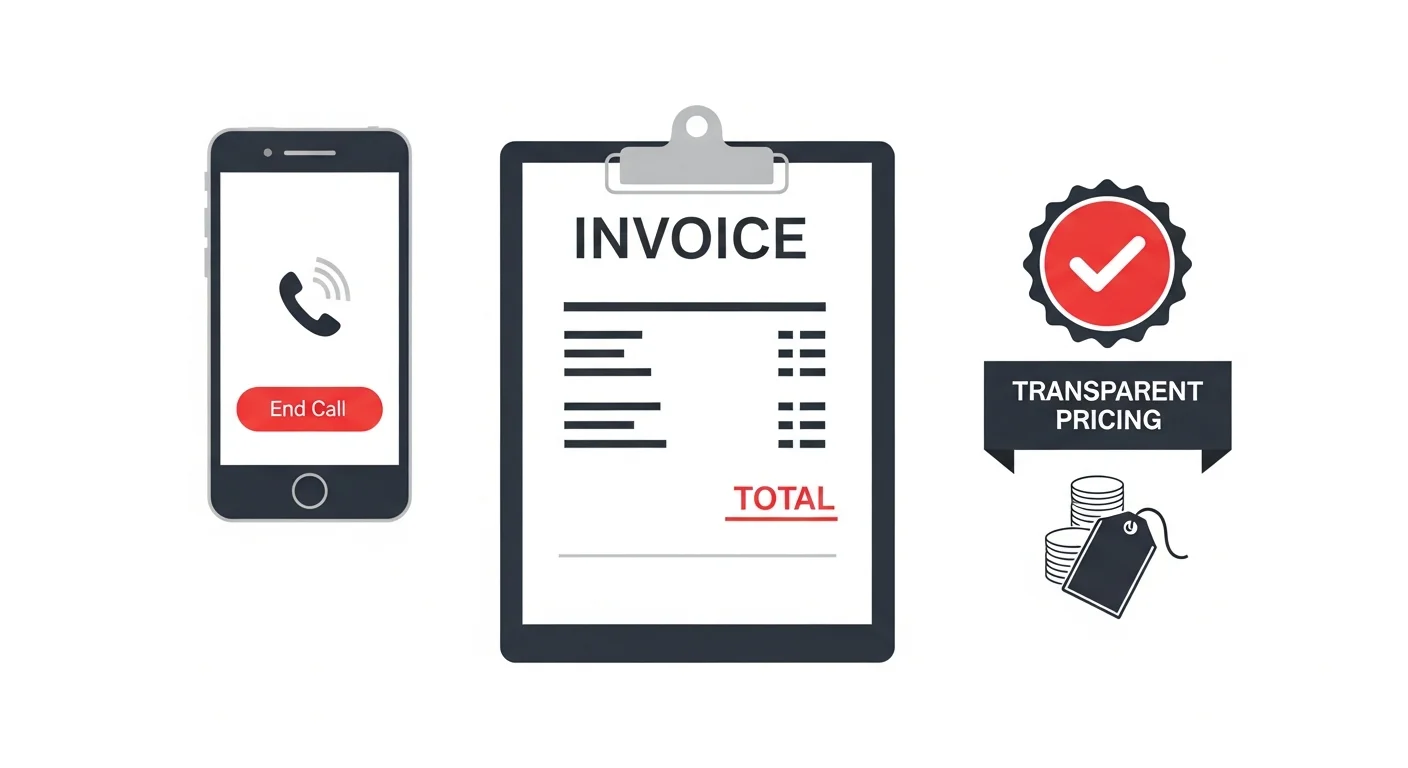 スマートフォンの通話画面と見積書が並ぶ追加請求なしの明朗会計をイメージしたフラットデザインイラスト