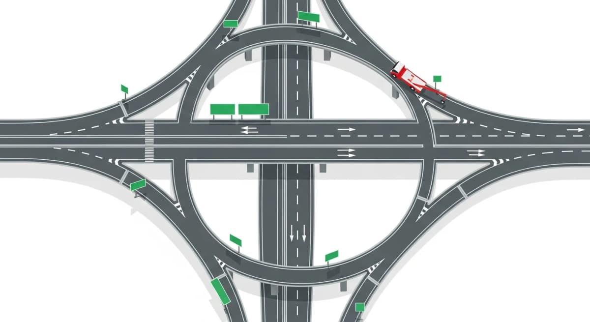 高速道路のジャンクション分岐を走行するレッカー車のフラットデザインイラスト