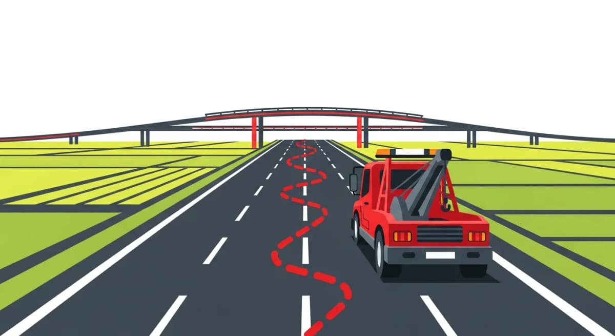 関越自動車道・本庄早稲田ICを熟知したレッカー車が最短ルートで走行するフラットデザインイラスト