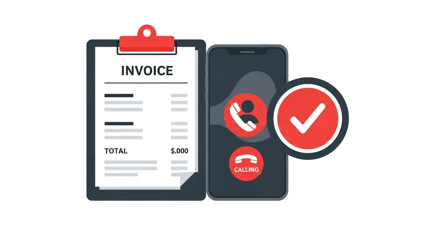 スマートフォンの通話画面と見積書が並ぶ追加請求なしの明朗会計をイメージしたフラットデザインイラスト