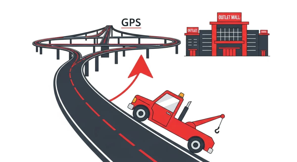 圏央道・狭山日高ICと国道16号を熟知したレッカー車が最短ルートで走行するフラットデザインイラスト
