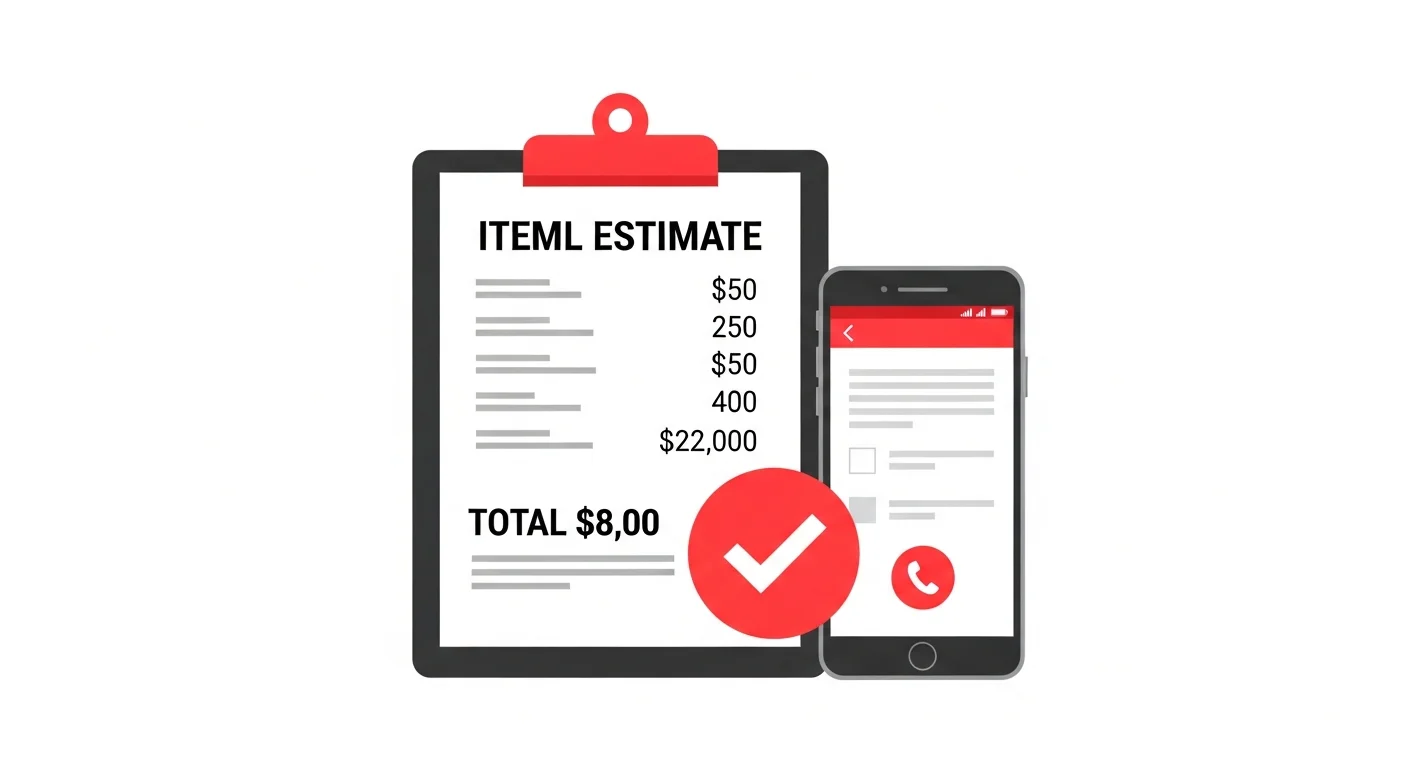 スマートフォンの通話画面と見積書が並ぶ追加請求なしの明朗会計をイメージしたフラットデザインイラスト