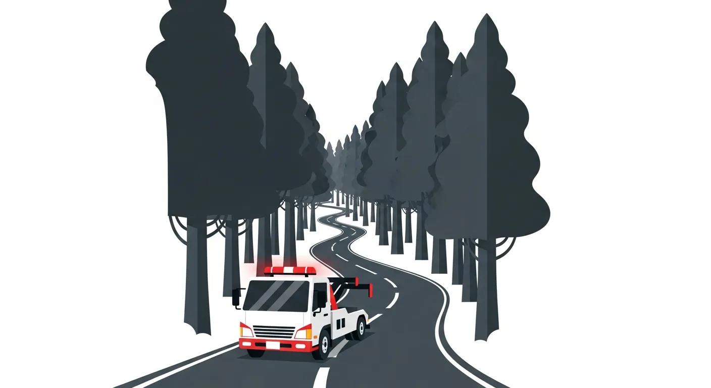 日光例幣使街道の杉並木を自信を持って走行するレッカー車のフラットデザインイラスト