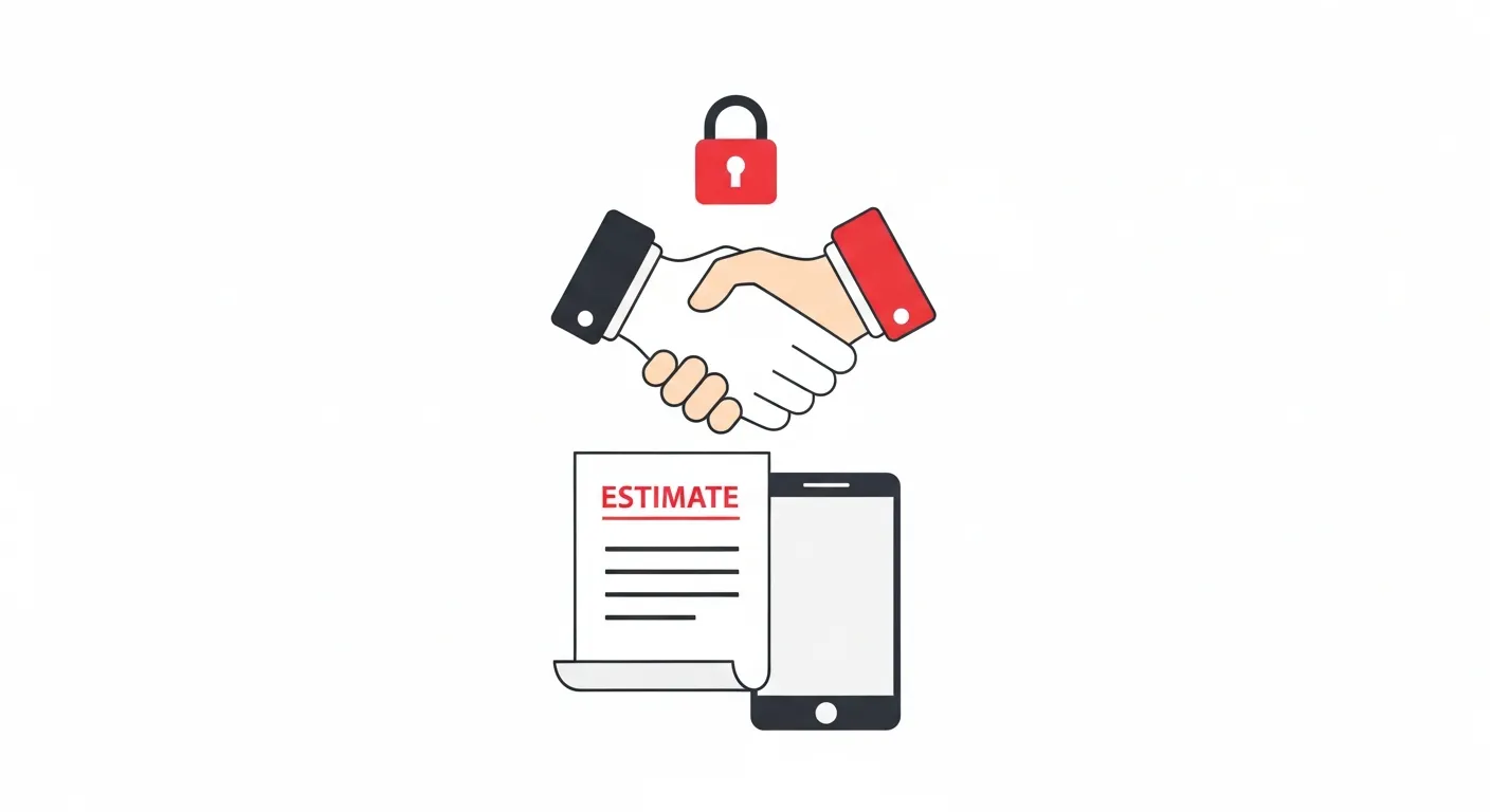 スマートフォンの通話画面と見積書が並ぶ追加請求なしの明朗会計イメージのフラットデザインイラスト