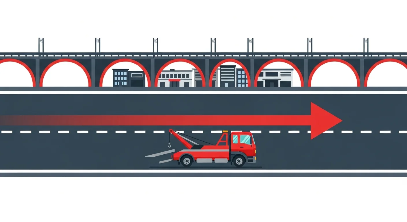 東北自動車道・春日部ICと国道16号を熟知したレッカー車が最短ルートで走行するフラットデザインイラスト