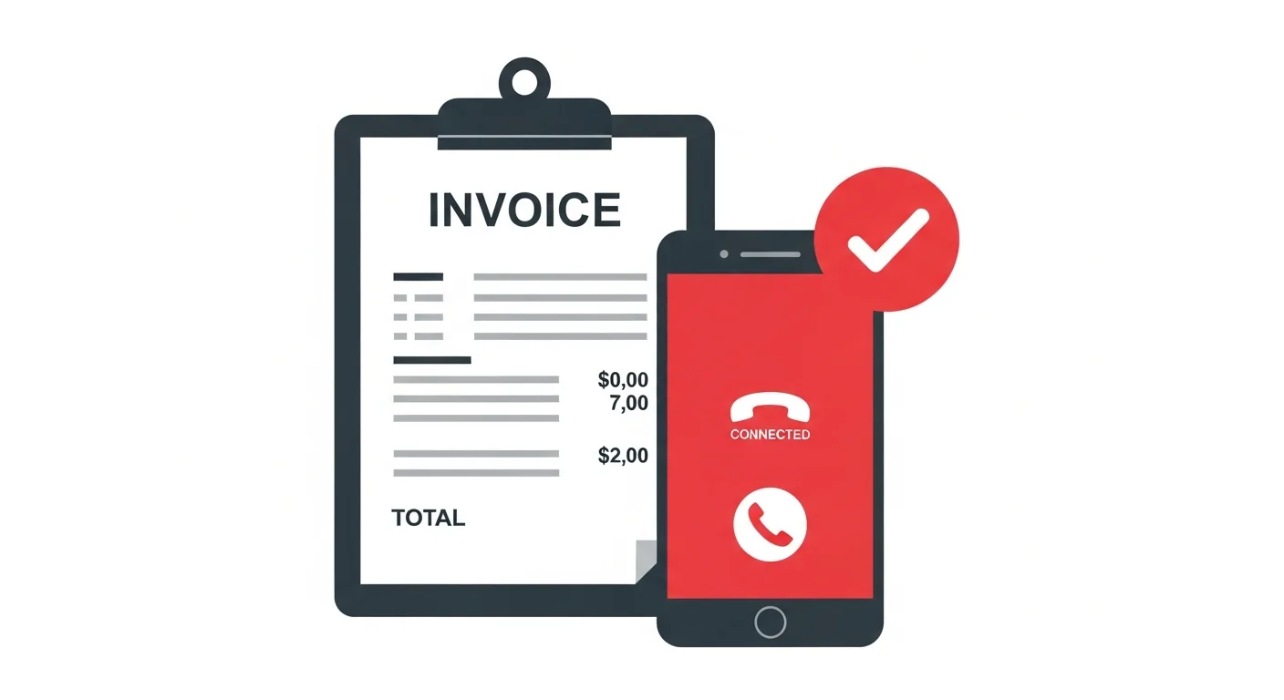 スマートフォンの通話画面と見積書が並ぶ追加請求なしの明朗会計をイメージしたフラットデザインイラスト