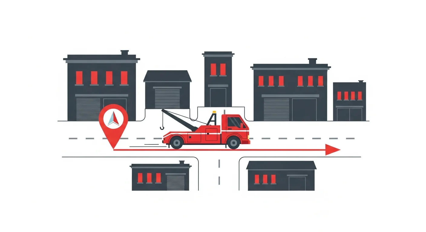 川越ICと国道254号・16号を熟知したレッカー車が最短ルートで走行するフラットデザインイラスト